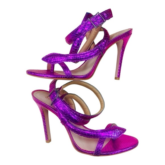 SCHUTZ Courtney High Couro Roxo Metallic Violet Embossed Sandals Shoes 7B - Picture 10 of 15
